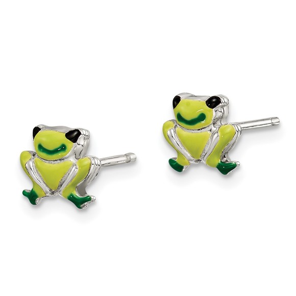 925 Sterling Silver Polished Enamel Frog Childs Post Earrings - Picture 2 of 4